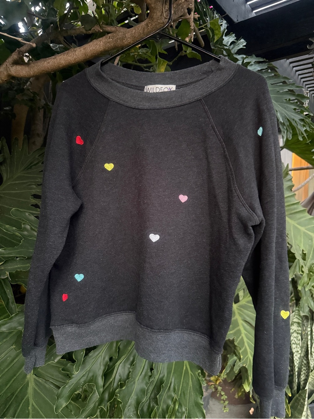 Wildfox Black Crewneck Sweater with Multicolor Heart Accents
